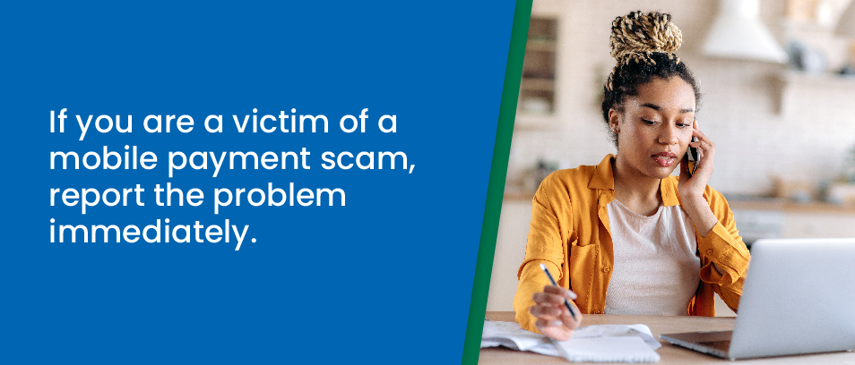 If you are a victim of a mobile payment scam, report the problem immediately - Woman on the phone looking somewhat distressed